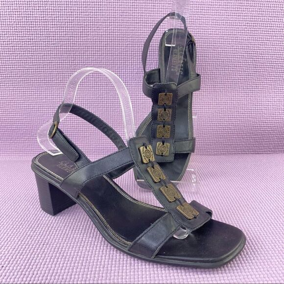 Classic Elements Shoshanna Square Toe Block Heel Sandal Black Size 9 Leather - Picture 1 of 12